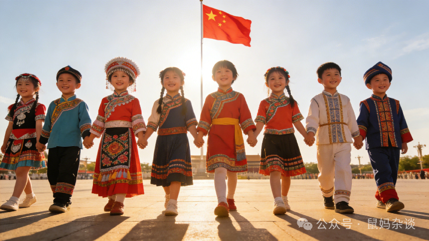 中国56个民族的儿童手拉手站在阳光下的广场上，背景是飘扬的五星红旗，孩子们穿着各自民族的传统服饰，笑容灿烂，画面温暖明亮，写实摄影风格。