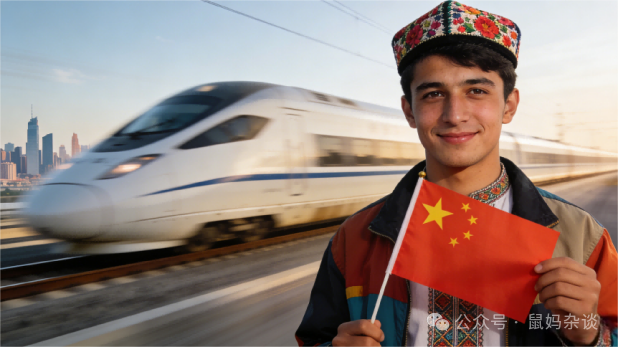 一位维吾尔族青年身着传统花帽与现代夹克，手持国旗，背景是飞驰的高铁——传统与现代、民族与国家认同在此统一