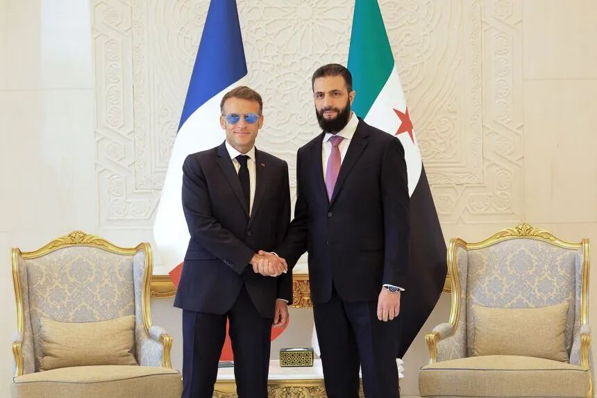 A blast went off near a hotel in Damascus, Syria, ahead of a meeting between France's President Emmanuel Macron (left) and President Ahmed al-Sharaa (right) elsewhere in the capital on July 7.